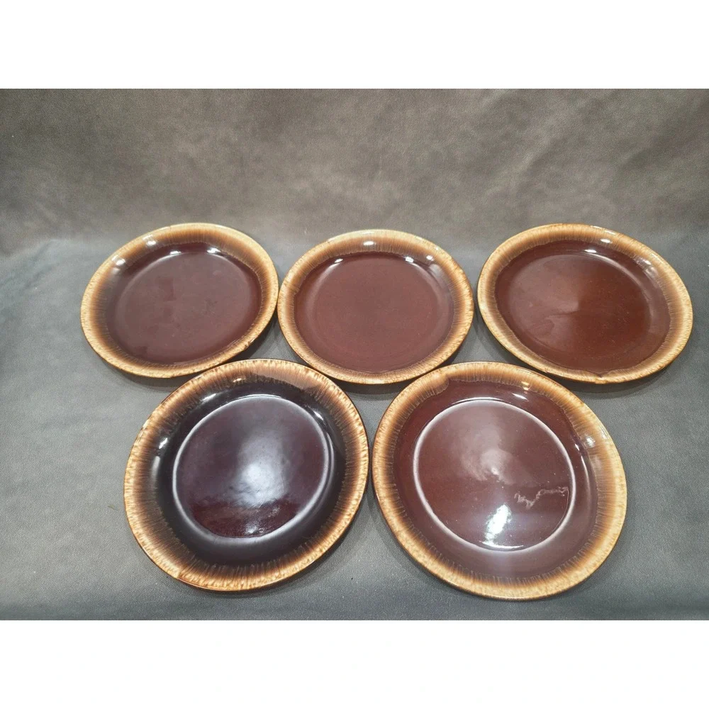 Vintage Brown Drip Glaze USA Pottery Dessert Salad Plates Set of 5 Mid Century